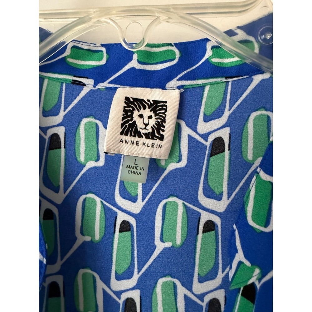 Anne Klein Blue & Green Geometric Sleeveless Maxi Dress Cinched Waist Office Lg - Picture 13 of 17